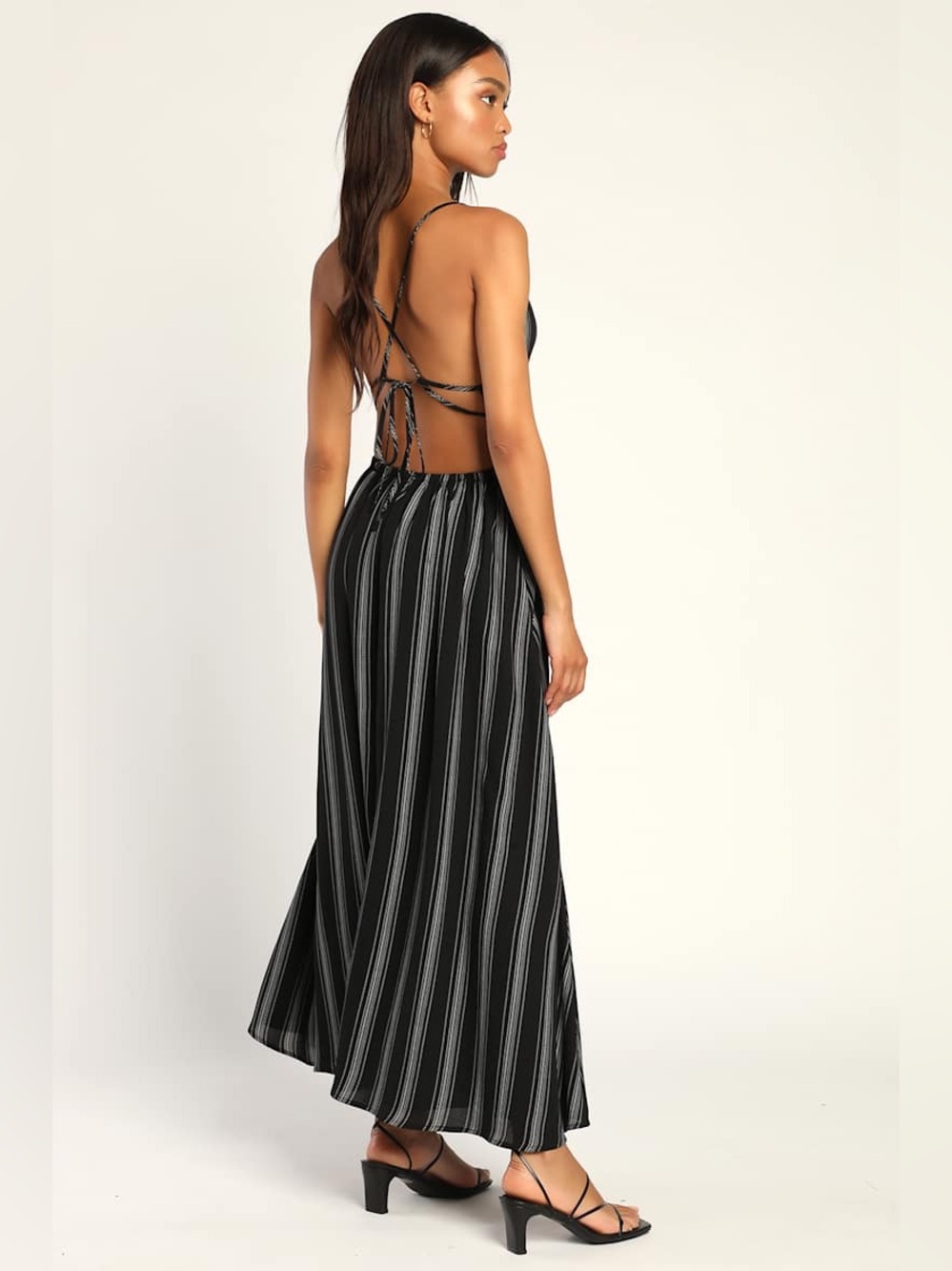 Lulus Stripe a Chord Black Striped Cutout Backless Midi Dress NWT - Picture 2 of 7